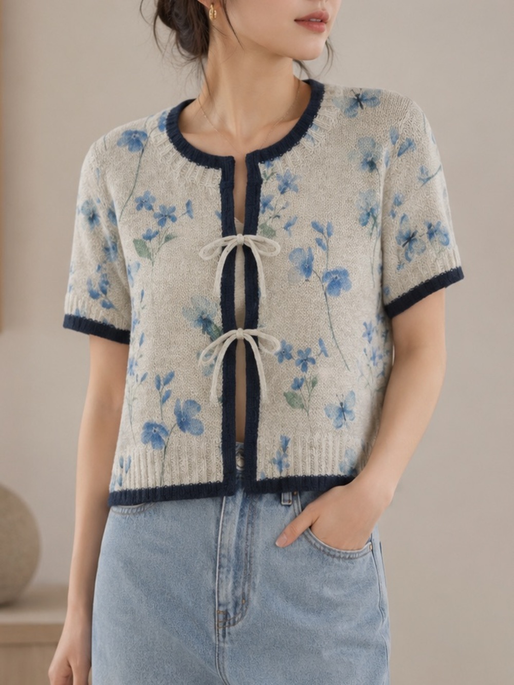 Floral Tie-Front Short Sleeve Cardigan - Blue/Cream
